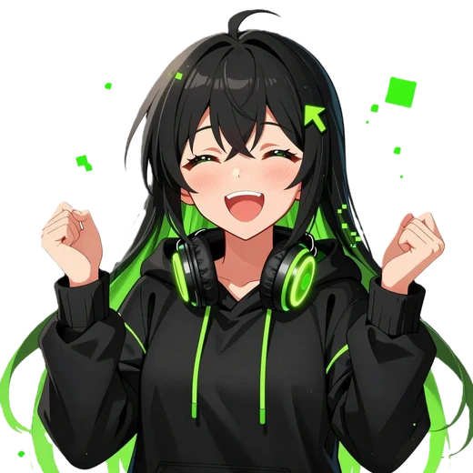 Notna, an anime girl with black and green hair, green headphones and a black hoodie