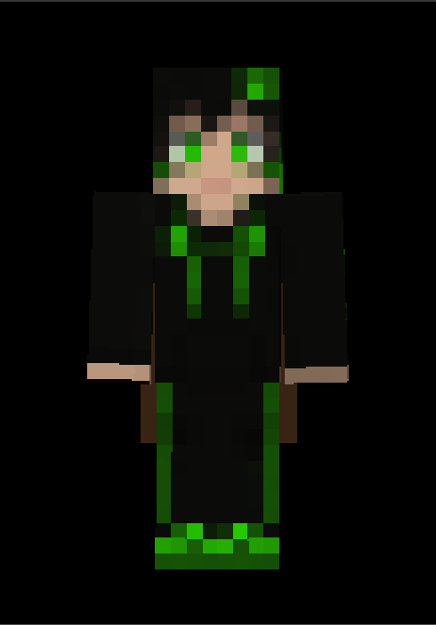 Notna's Minecraft skin in game: black hair fading to green, black hoodie, green-striped pants
